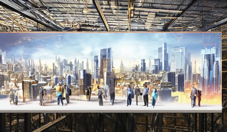 Prompt: large group people in a frame warehouse, looking at hologram of futuristic city on a table, cinematic concept art, godrays, golden hour, natural sunlight, 4 k, clear details, tabletop model buildings, center tabletop model, hologram center, crane shot, crane shot, crane shot