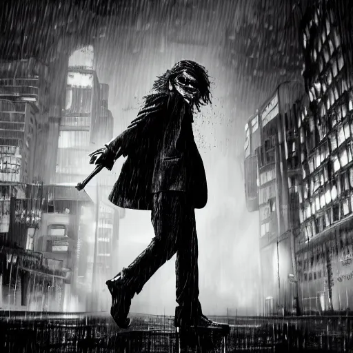 Image similar to black in white joker walking in the rain, night life buildings, sad mood, low angle, realistic, intricate, detailed, digital art, 4 k, 8 k, wallpaper, artstation trending