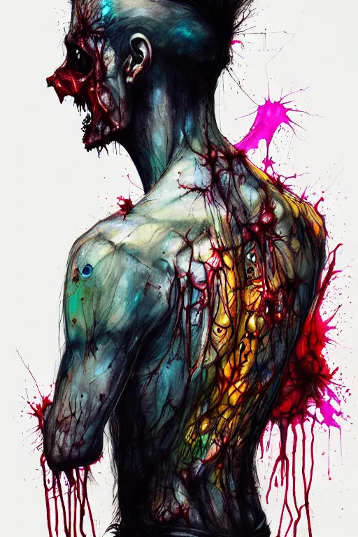 Image similar to zombie cop by agnes cecile enki bilal moebius, intricated details, 3 / 4 back view, full body portrait, extremely luminous bright design, horror, pastel colours, toxic drips, autumn lights