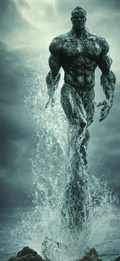 Image similar to humanoid colossus made of water, made of liquid, rising up from ocean, water armor, high detail, high contrast, close up portrait, studio lighting, stormy seas, beautiful, bokeh, snowy, storm clouds, god rays, d & d, fantasy, elegant, aquamarine color palette, concept art, roger deakins and greg rutkowski and alphonse mucha