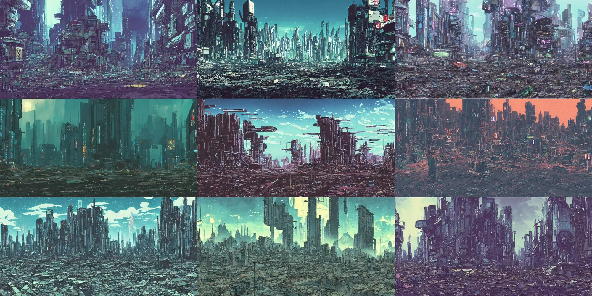 Prompt: a desolate cyberpunk landscape with debris, by studio ghibli
