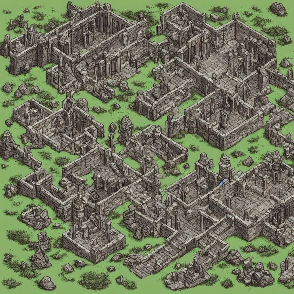 Prompt: tomb of elemental evil, isometric view, tileset, dungeons and dragons art by d. a. trampier, d & d tabletop miniature