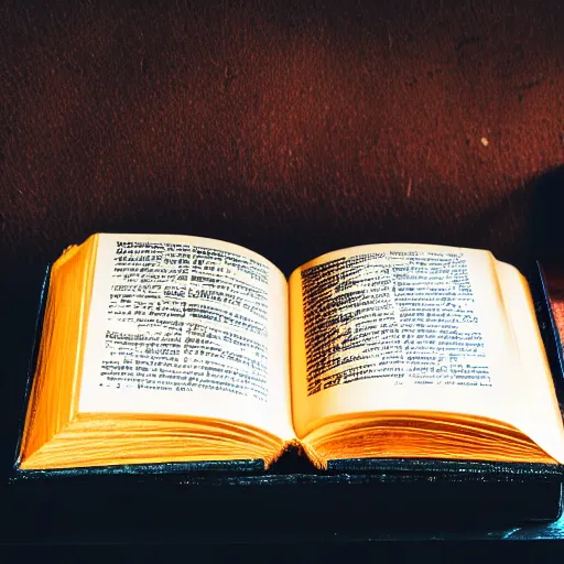 Prompt: a medium shot of a book sitting on a crowed desk, the book is closed, the cover is ornately carved leather, beside the book is an ancient scroll, dark, single light, vignette, magic, fantasy, 4 k