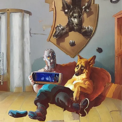 Image similar to a humanoid german shepherd beast - man, sitting and watching a soccer match in his house on television, he has hurt his knee and is a dad, by erin hanson, alexi zaitsev, karl spitzweg, award winning, tv set