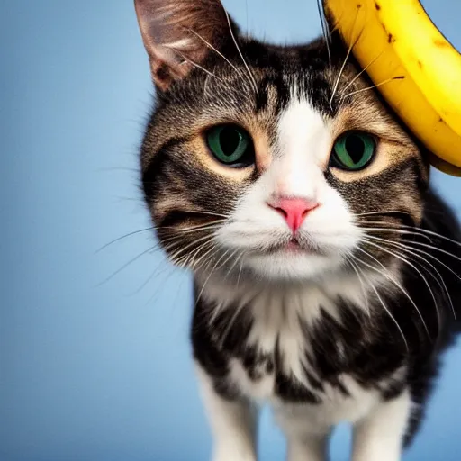 Image similar to a cat with banana on his head, professional photography