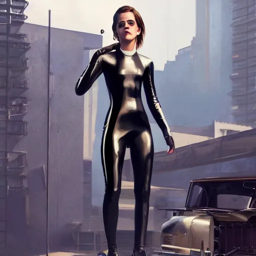 Prompt: highly detailed painting of emma watson wearing a latex suit in los santos, gta 5 cover art, stephen bliss, 8 k, by greg rutkowski, artgerm, global illumination, radiant light, detailed and intricate environment