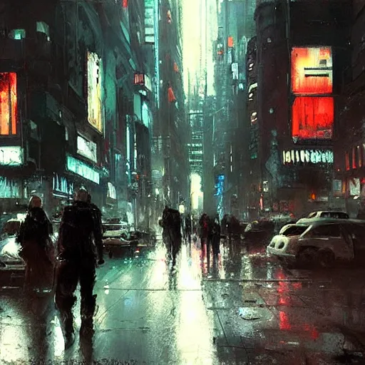 Image similar to cyberpunk cityscape, downtown scene, beautiful details, painting by jeremy mann