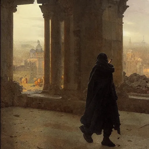 Image similar to half portait of magican wearing a closed cowl walking while reading big old book! jeremy mann, jean leon gerome, tiepolo, alphonse mucha, greg rutkowski, face in the shadows, ( ( ruins of ancient rome ) ), at dusk, mysterious atmosphere, sunrays, dof, masterpiece, high detailed, 8 k