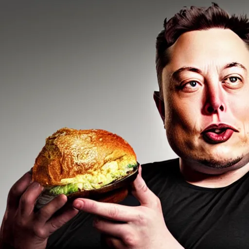 Image similar to stunning award winning hyperrealistic hdr 8 k highly detailed portrait photo of morbidly obese elon musk eating a rocket