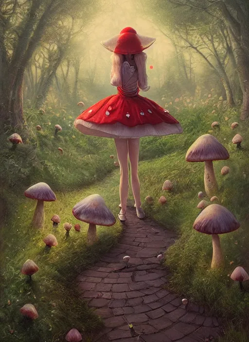 Image similar to alice in wonderland mushrooms detailed clothing, half body shot, arms down, path traced, highly detailed, high quality, digital painting, alena aenami, arnold bocklin, tom bagshaw