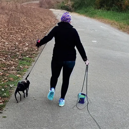 Image similar to a woman going for walk, holding hands with a spider.