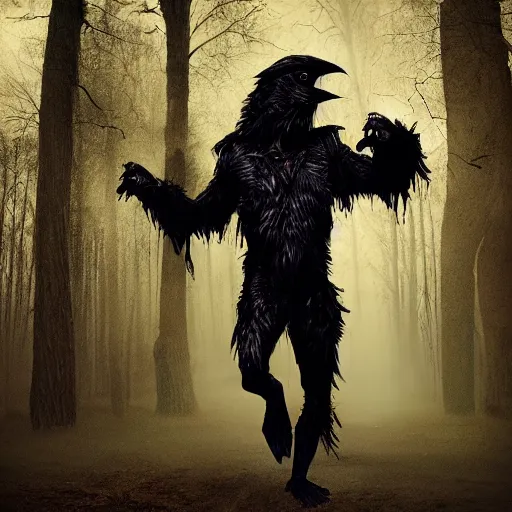 Image similar to werecreature consisting of a crow and a human, featured on artstation, photograph captured in a dark forest