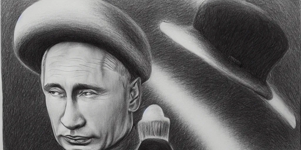 Image similar to vladimir putin wearing a nuclear mushroom cloud blast for a hat, cartoonish, ultra detailed pencil drawing