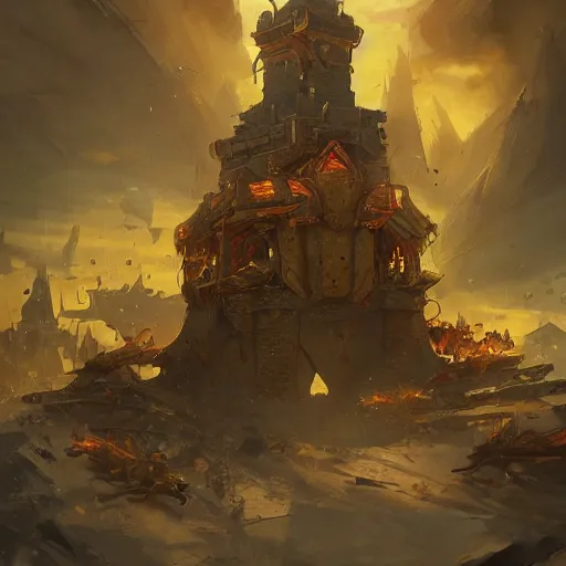 Prompt: a golden siege tower chariots, yellow magic theme, bright art masterpiece artstation. 8 k, sharp high quality artwork in style of jose daniel cabrera pena and greg rutkowski, concept art by tooth wu, blizzard warcraft artwork, hearthstone card game artwork, cart wheels