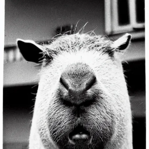 Image similar to criminal mugshot of an capybara, black and white, 1970s photo