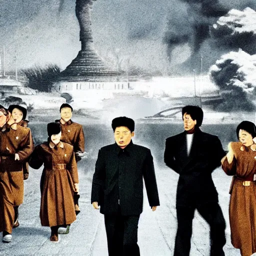 Image similar to low resolution filmstill of a north Korean thriller in the style of Tsui Hark and Ishirō Honda