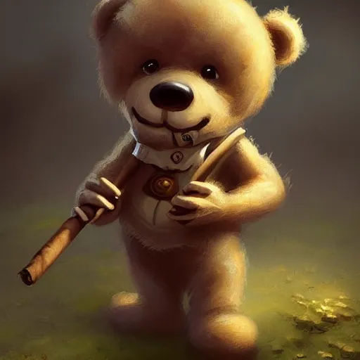 Image similar to cute little anthropomorphic Teddy Bear smoking a cigar, cover art, ultra wide lens shot , tiny, small, short, cute and adorable, pretty, beautiful, DnD character art portrait, matte fantasy painting, DeviantArt Artstation, by Jason Felix by Steve Argyle by Tyler Jacobson by Peter Mohrbacher, cinematic lighting