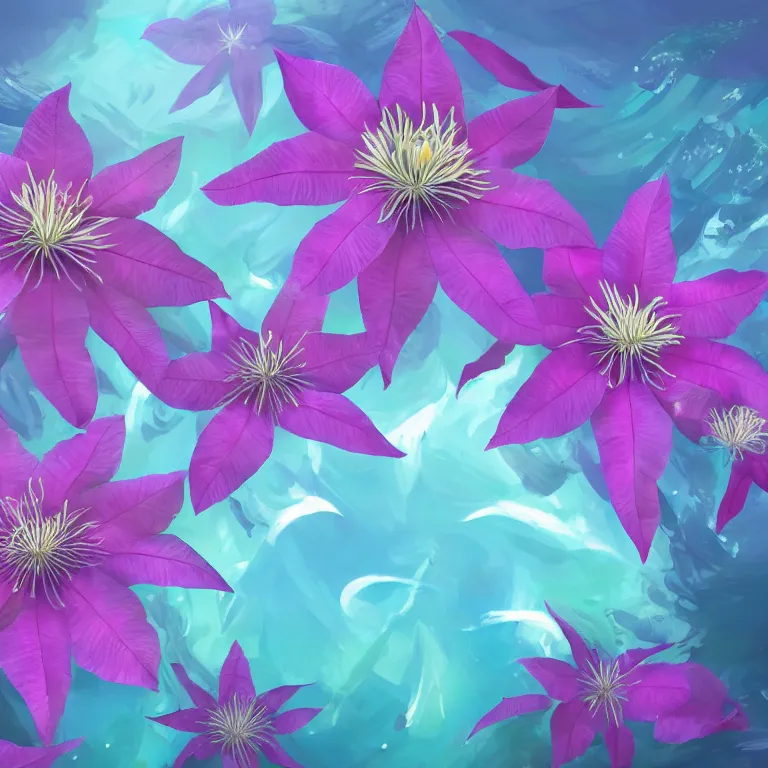 Prompt: clematis theme logo, clematis theme banner, clematis design, clematis in the deep sea, clematis like stars in the sky, trending on artstation, warm light, lovely and cute, fantasy art, 8 k resolution, highly detailed