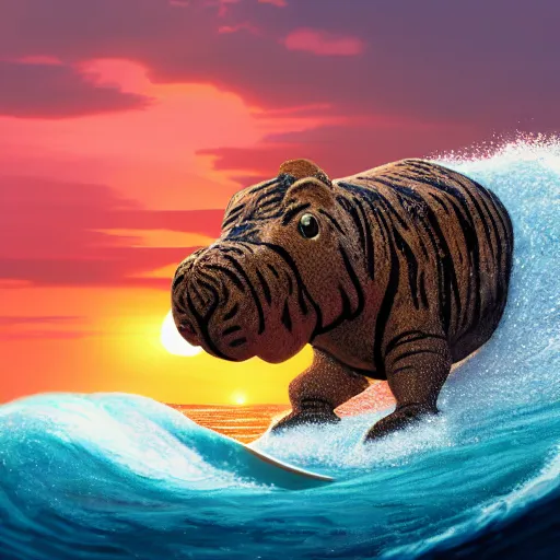 Image similar to a closeup photorealistic photograph of a smiling cute knitted tiger hippopotamus riding a large wave during sunset. surf in the background. professional capture. brightly lit scene. this 4 k hd image is trending on artstation, featured on behance, well - rendered, extra crisp, features intricate detail, epic composition and the style of unreal engine.