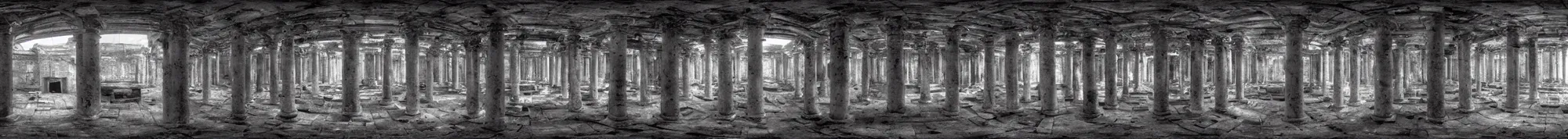 Image similar to photo of an immersive forgotten panopticon well, with columns and destroyed cybernetics from an ancient civilization, photorealistic, higly detailed dark, 3 6 0 picture, panorama, 3 5 mm slide, trending on flickr, in the style of francesca woodman, zachary corzine, zhelong xu, greg rutkowski and anders zorn