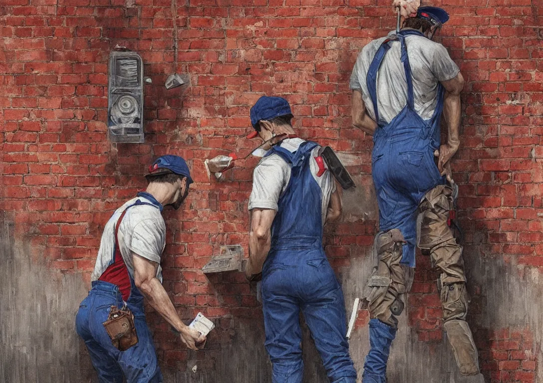 Prompt: italian man in blue overalls and red shirt with a red baseball cap and a big brown mustache with his back against a brick wall, dark mood, horror, resident evil, highly detailed, digital painting, artstation, illustration, art by artgerm and greg rutkowski and alphonse mucha and krenz cushart