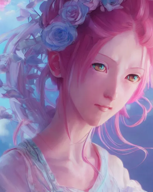 Image similar to blue eyed pink haired anime girl, roses everywhere, highly detailed, digital painting, artstation, concept art, smooth, sharp focus, illustration, art by artgerm and greg rutkowski and alphonse mucha