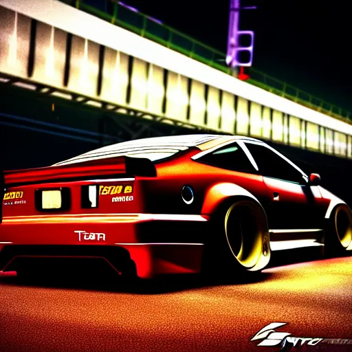 Image similar to a car 300ZX twin turbo drift at illegal car meet, Shibuya prefecture, city midnight mist lights, cinematic lighting, photorealistic, highly detailed wheels, high detail