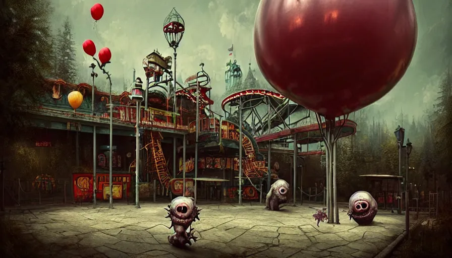 Prompt: michal karcz grunge painting of an amusement park, monster and horror theme. A monster is selling balloons to children. detailed elegant, intricate, 4k,