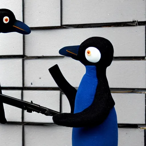 Prompt: Pingu by Otmar Gutmann and Erika Brueggemann, trying to sell guns on the street