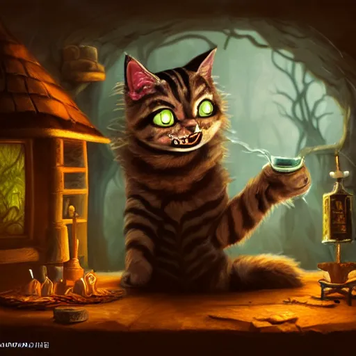 Image similar to Oil Painting of Cat, Anthropomorphized, evil grin, brewing potion in witch Hut, magic the gathering artwork, horror, D&D, fantasy, cinematic lighting, centered, symmetrical, highly detailed, digital painting, artstation, concept art, smooth, sharp focus, illustration, volumetric lighting, epic Composition, 8k, art by Akihiko Yoshida and Greg Rutkowski and Craig Mullins, oil painting, cgsociety