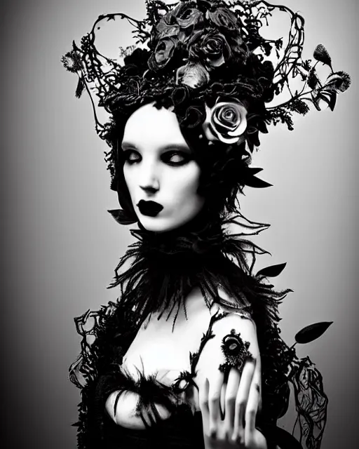 Image similar to surreal dark poetic black and white photo portrait of complex bio-mechanical beautiful young silver female vegetal-cyborg with a fur metal fine lace face, a very long neck and a fine metal floral foliage super big gothic lace collar and high big floral crown with many black dry roses by Vivienne Westwood:: smoke, high fashion, haute couture, rococo, avant-garde, dry black roses, silver filigree details, anatomical, facial muscles, cable wires, microchip, elegant, dreamy, foggy atmosphere, hyper realistic, 150 mm lens, soft rim light, octane render, unreal engine, picture was taken in 1910 by Man Ray, volumetric lighting, dramatic light,8k,