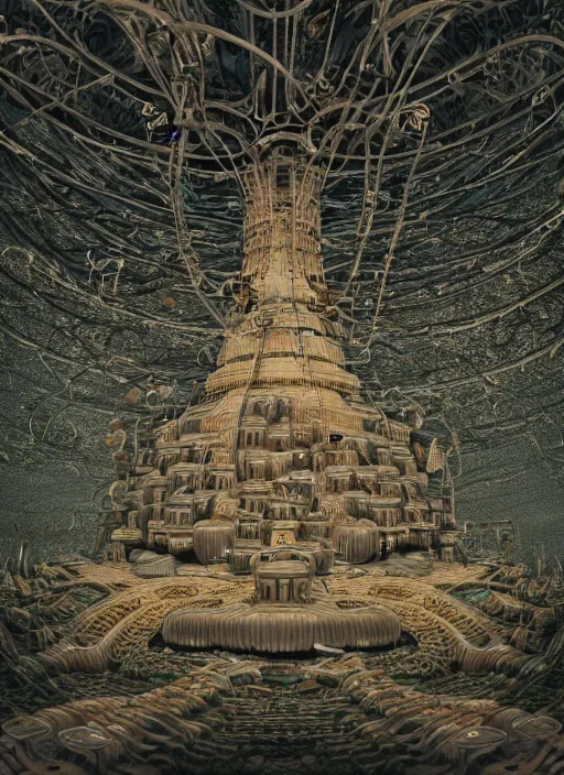 Image similar to wide - angle shot of mushroom temple, cables and tubes, depth of field, zeiss lens, detailed, symmetrical, centered, fashion photoshoot, by nicoletta ceccoli, mark ryden, lostfish, earl nore, hyung tae, frank frazetta, breathtaking, 8 k resolution, extremely detailed, beautiful, establishing shot, artistic, hyperrealistic, octane render