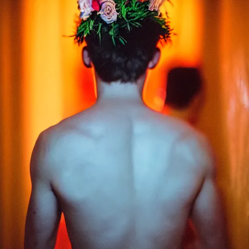 Image similar to close up kodak portra 4 0 0 photograph of a skinny guy standing in a vip club bathroom, back view, flower crown, moody lighting, telephoto, 9 0 s vibe, blurry background, vaporwave colors, faded!,