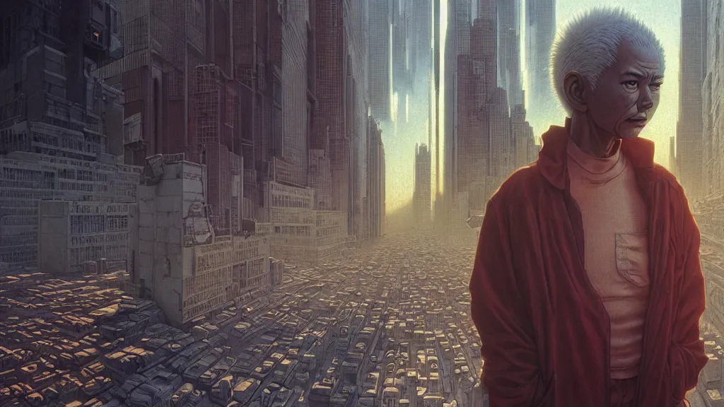 Image similar to realistic aesthetic highly detailed photography of characters in akira scene, characters with hyperrealistic highly detailed faces. from akira by katsuhiro otomo and and denis villeneuve and gregory crewdson style with many details by mike winkelmann and vincent di fate in sci - fi style. volumetric natural light hyperrealism photo on dsmc 3 system