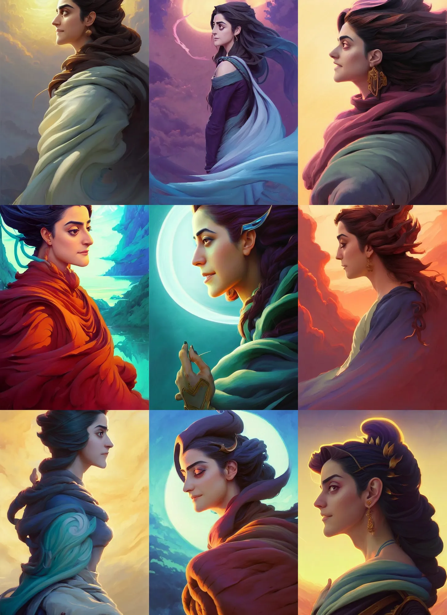 Prompt: side profile centered painted portrait, Maya Ali as a wind sorcerer, D&D, cell-shaded, matte painting concept art, bright backlit, official fanart, 4k, HDR, Art Nouveau, Trending on artstation, Behance, Pinterest, by Jesper Ejsing and RHADS and Makoto Shinkai and Lois van baarle and ilya kuvshinov and rossdraws and Cushart Krentz and Gilleard James