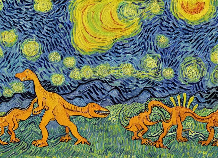 Prompt: many dinosaurs separated painting by van gogh