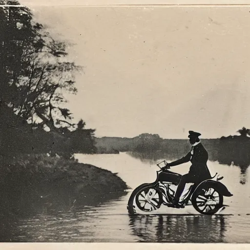 Prompt: old photo of George Washington crossing the deleware on a motorcycle