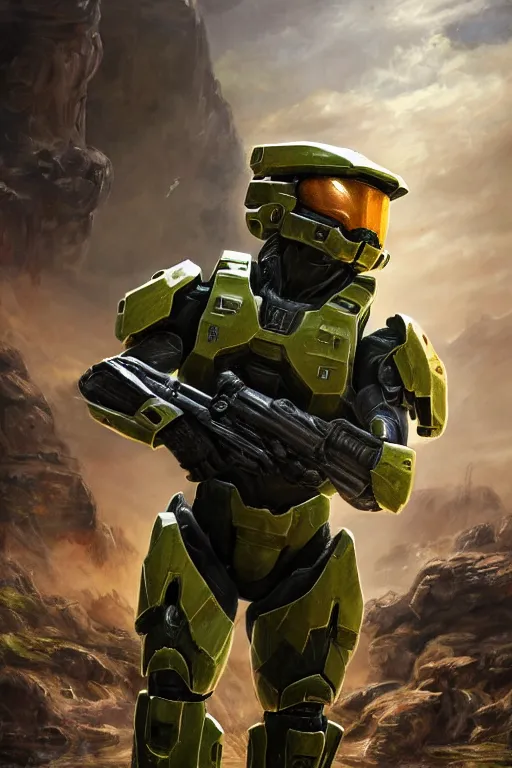 Image similar to master chief from halo picking up easter eggs, egg in hand, oil on canvas, intricate, portrait, 8 k highly professionally detailed, hdr, cgsociety
