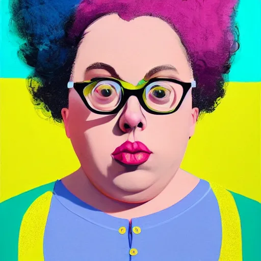 Image similar to colorful and festive cute young plus size todd solondz with tan skin, clear sharp todd solondz face, wearing yellow floral blouse. full body, rich vivid pastel colors, ambient lighting, dynamic lighting, 4 k, atmospheric lighting, painted, intricate, highly detailed by francis bacon and charlie bowater