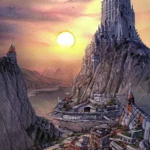 Image similar to minas tirith at sunrise. watercolor. trending on artstation.