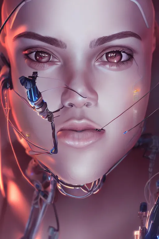 Image similar to A cyborg girl with a beautiful face, wires and mechanisms are visible from under the skin, in some places the mechanisms stick out from the body, full-length view, artstation featured