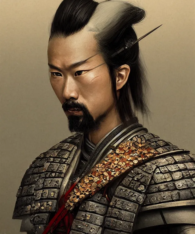 Image similar to Portrait of a samurai from the warring states era Japan, highly detailed, digital painting, artstation, concept art, smooth, sharp focus, illustration by Artgerm and Greg Rutkowski and Tom Bagshaw