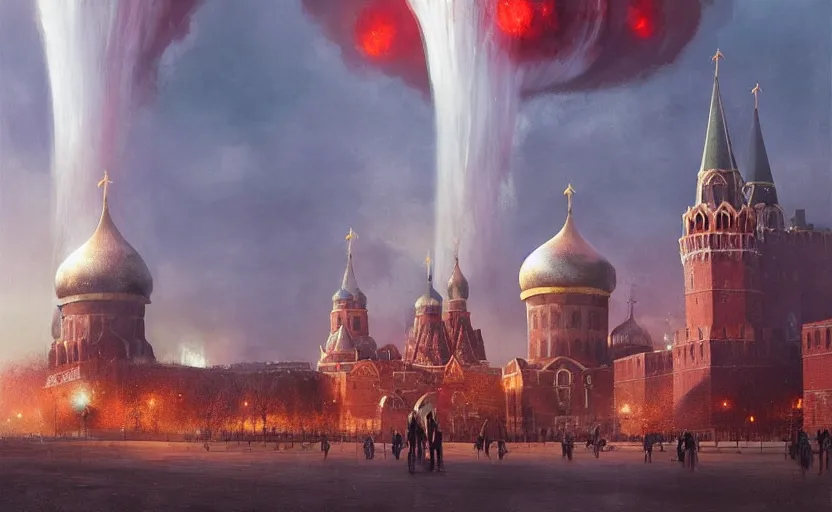 Prompt: nuclear explosion with realistic nuclear mushroom in Red Square Kremlin, cinematic shot, extremely high detail, photo realistic, cinematic lighting, post processed, artstation, matte painting, digital painting, art by Greg Rutkowski