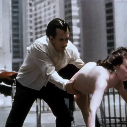 Image similar to film still, Ayn Rand riding John Galt in American Psycho