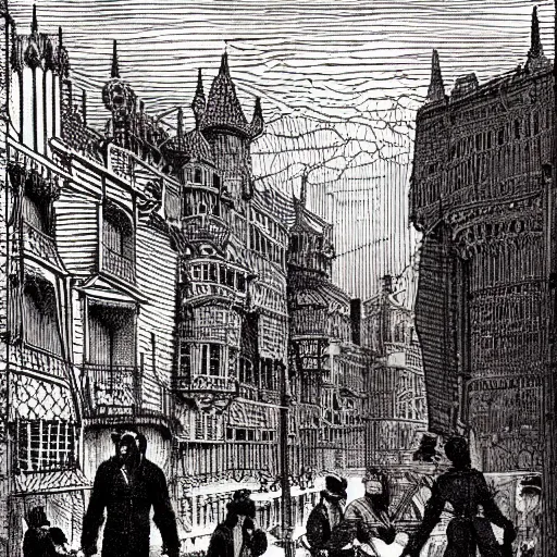 Prompt: lines, kaleidoscopic by eastman johnson, by john tenniel fluorescent purple, scooby doo. a drawing of a tall ship sailing through a cityscape. the ship is adorned with intricate details, while the cityscape is filled with towering palaces & other grand buildings.