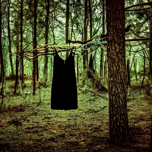 Image similar to clothes on a hanger in a lonely eery forest, fever dream, award winning photography, dreamcore, weirdcore