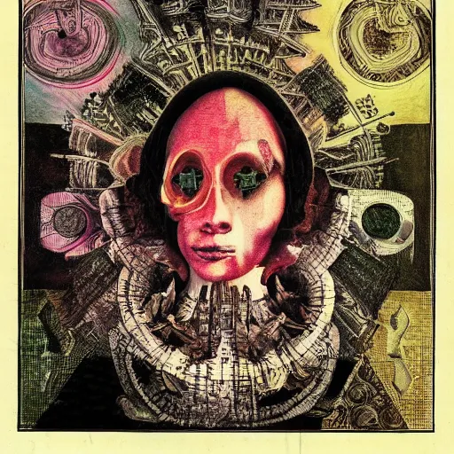 Image similar to post - punk new age album cover, asymmetrical design, dollar bank notes, capitalism, magic, apocalypse, psychedelic, black white pink, magic, giger h. r., giuseppe arcimboldo