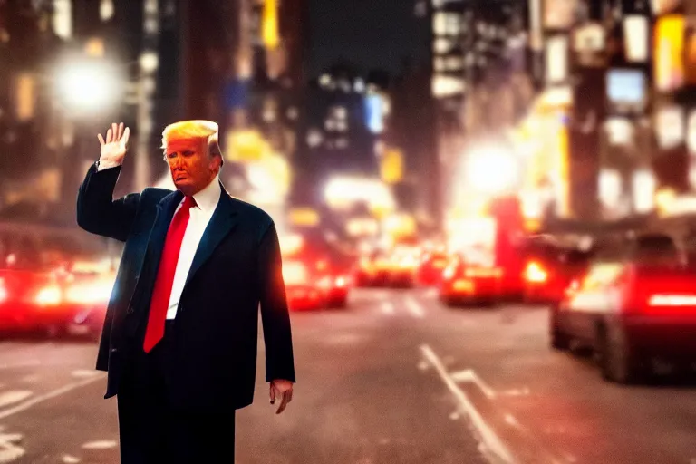 Image similar to amazing cinematic movie still of donald trump in manhattan at night, volumetric lighting, award - winning, perfection, ambitious, ambient occlusion, hyper - realism, 4 k hd, 8 5 mm, bokeh, close - up, grainy