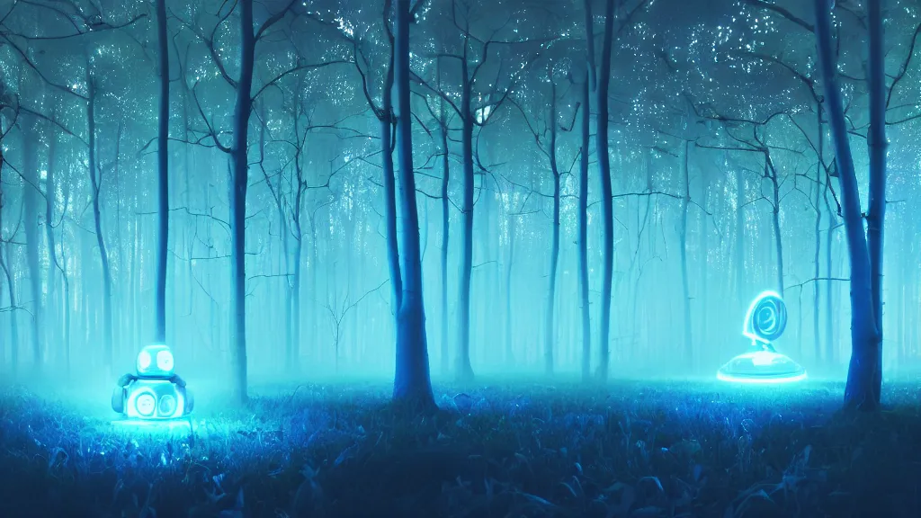 Prompt: glossy white curved robot in a forest of glowing blue trees at night. swirls of mist swirl around the trees. beeple. patrick faulwetter. glowing blue turquoise forest. digital render. digital painting. artstation. concept art.