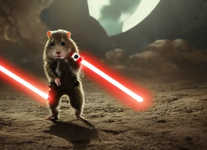 Image similar to movie still, star wars, hamster wielding a lightsaber, cinematic, sharp focus, cinematic lighting, 8 k